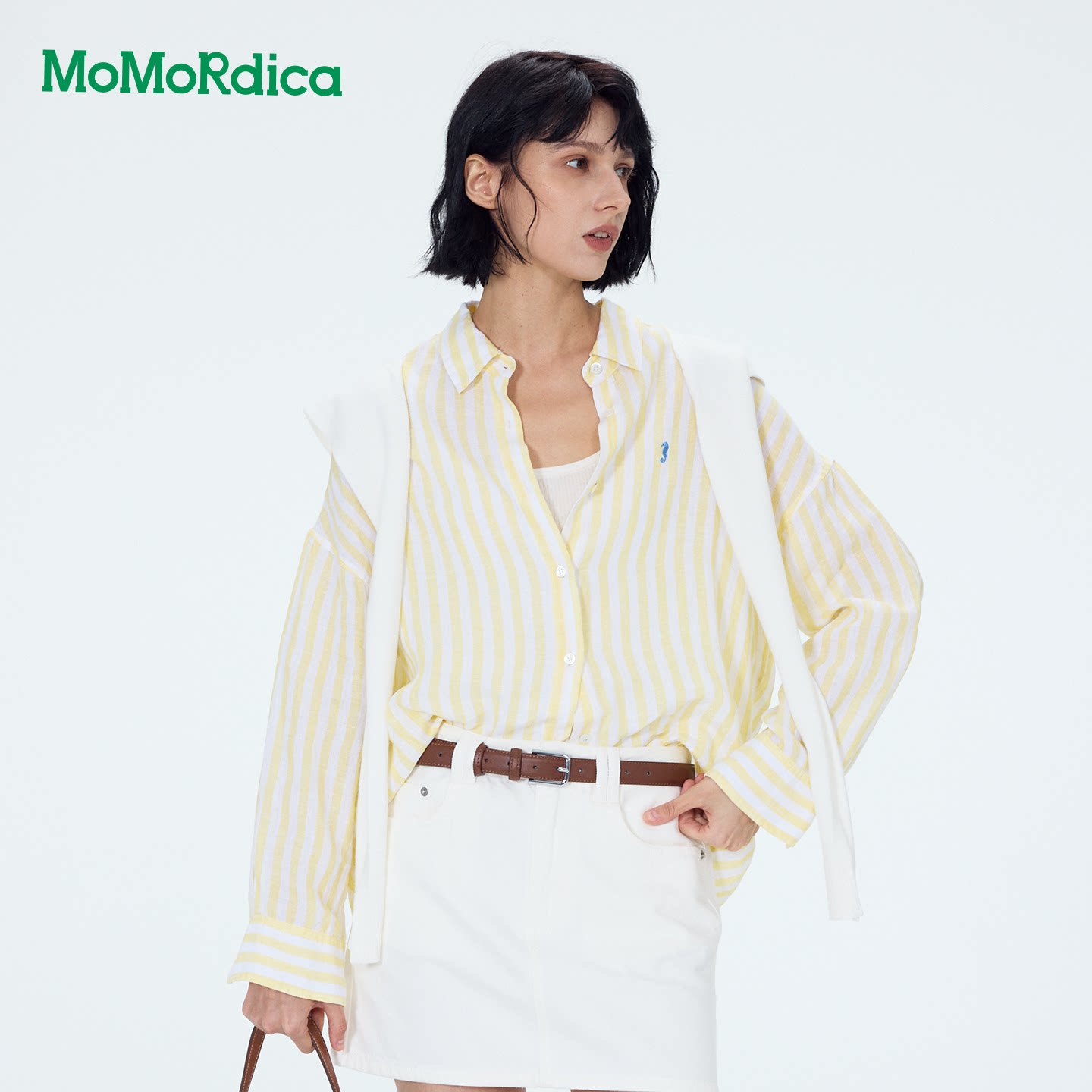 Momordica 亚麻衬衣2026秋季新款时尚撞色条纹宽松显瘦长袖衬衫女