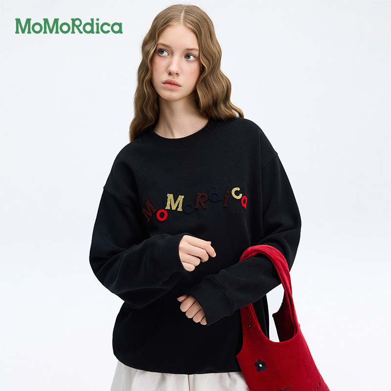 Momordica春秋新款圆领卫衣女长袖字母印花套头宽松型女士通勤风
