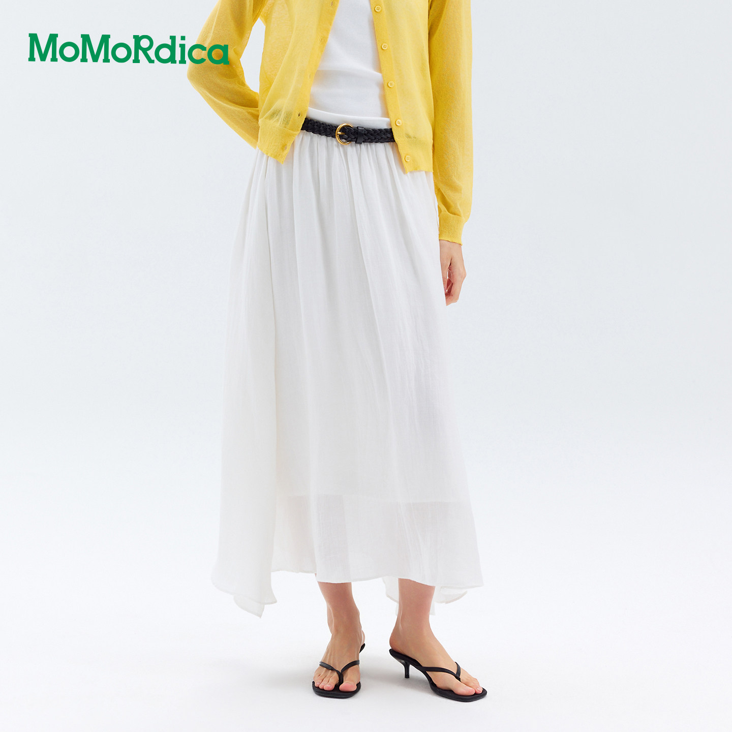 Momordica白色长款半身裙女夏季松紧腰A字裙防走光带里布垂感伞裙