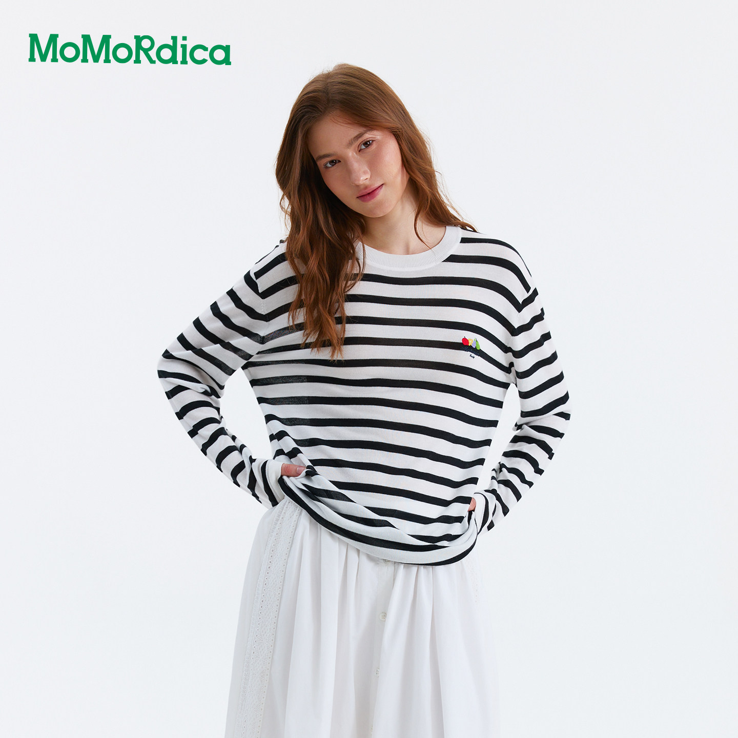 Momordica莱赛尔长袖T恤夏季新款宽松透气时尚撞色条纹百搭上衣女