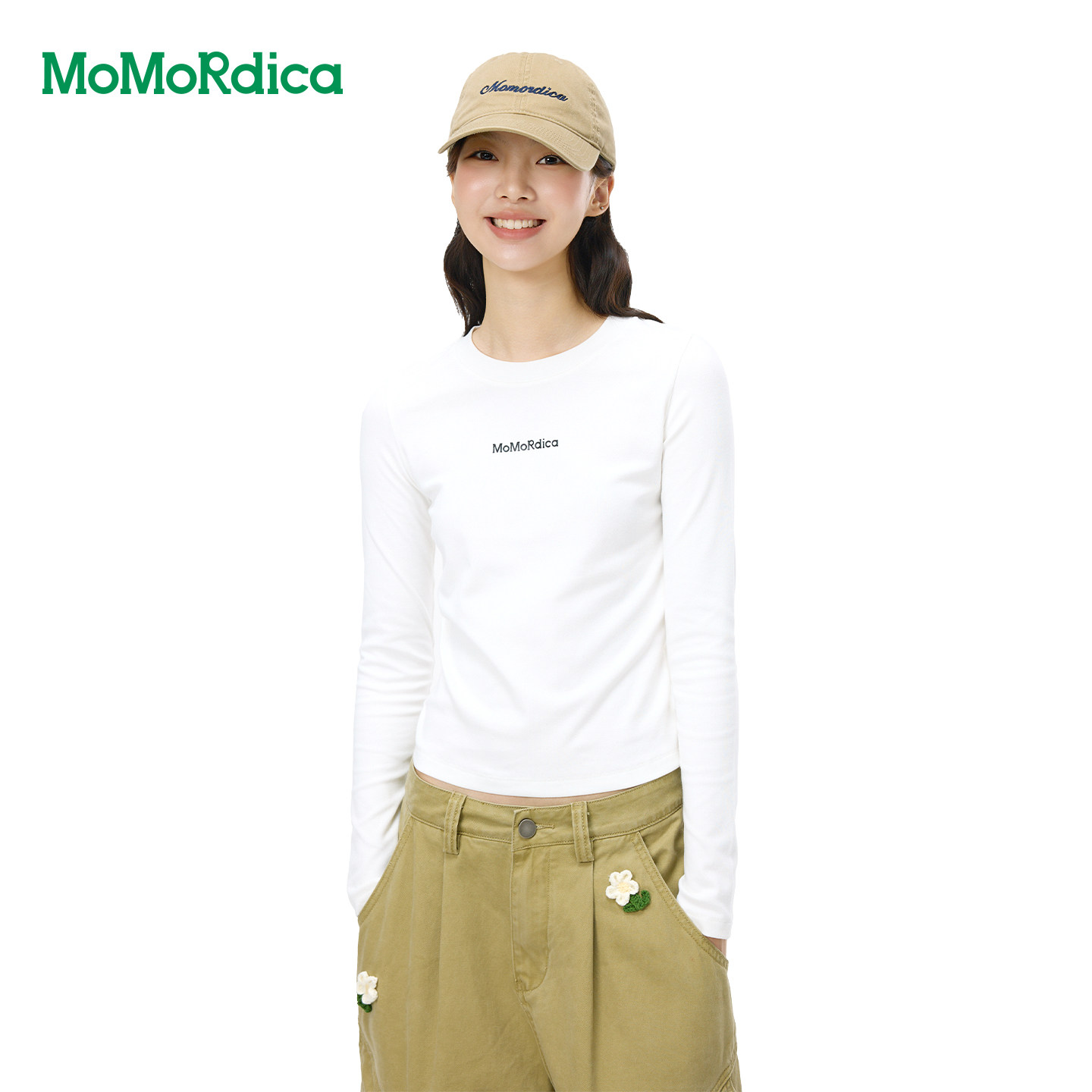 Momordica秋棉质T恤圆领长袖修身显瘦弹性舒适上衣