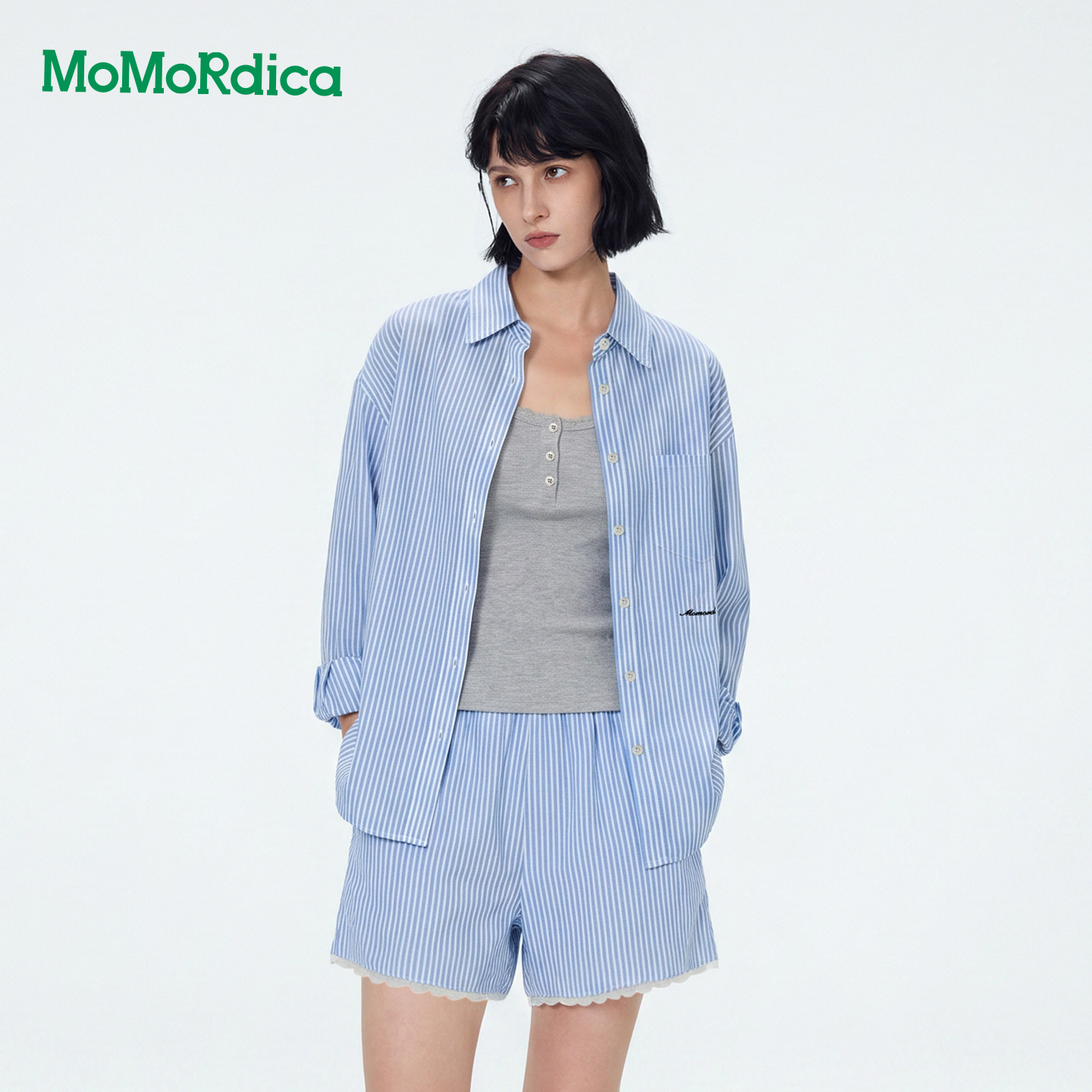 Momordica 2026秋夏新款休闲时尚撞色条纹衬衫女宽松显瘦长袖上衣