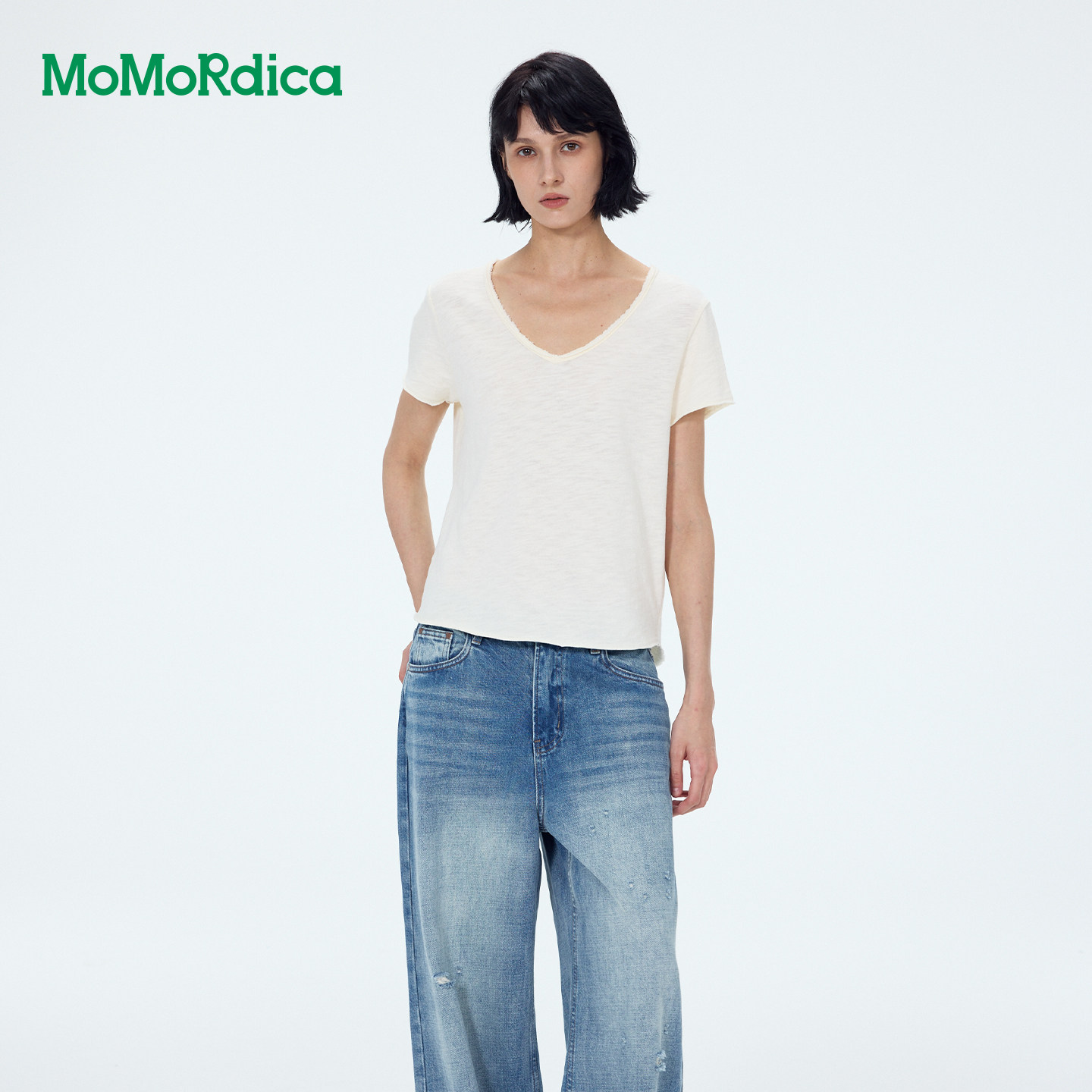 Momordica2026夏季新款休闲正肩显瘦毛边V领短袖T恤女短款上衣女