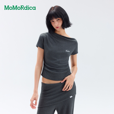 Momordica斜肩短袖T恤女26夏季新款简约修身收腰褶皱设计感上衣