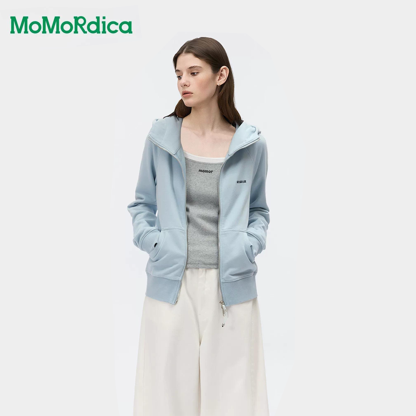 Momordica连帽卫衣开衫女新款简约日常通勤合身收腰拉链卫衣外套