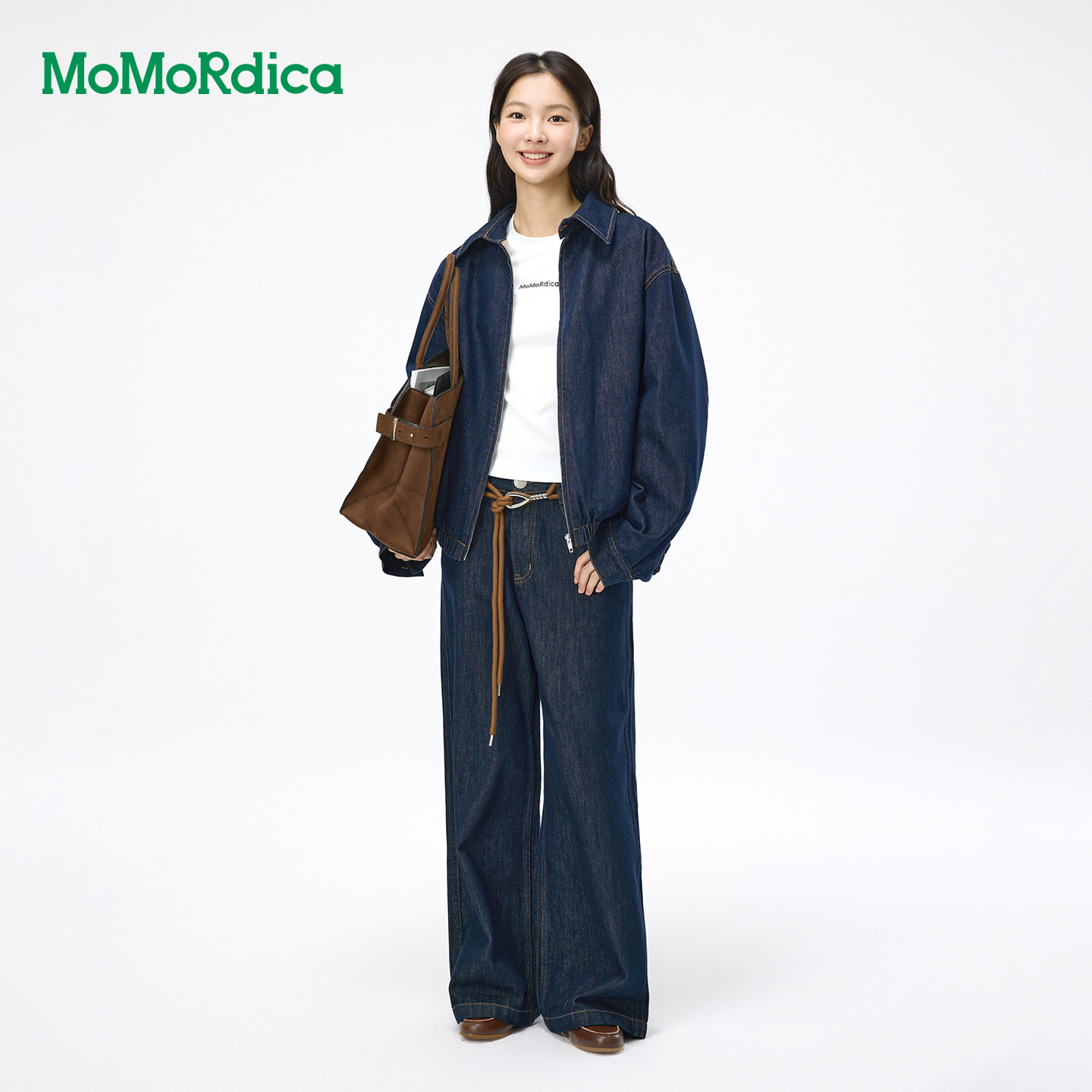 Momordica 2026春新款复古翻领牛仔外套女拉链开衫通勤设计感上衣