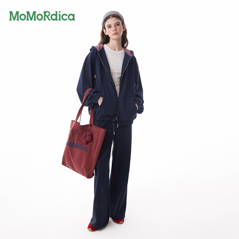 Momordica秋冬新款格子帽衫外套上衣休闲通勤时尚长袖短外套纯色
