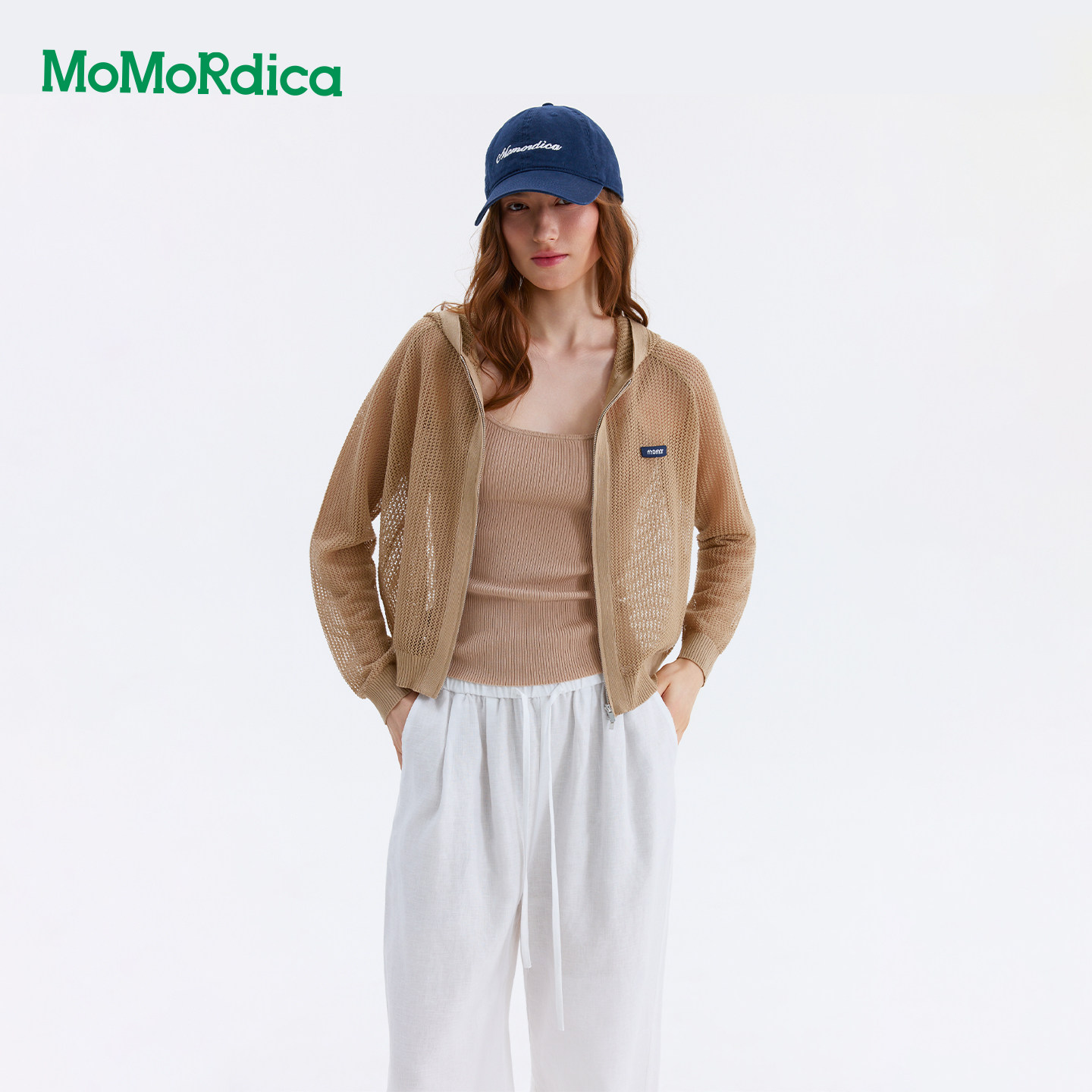 Momordica 针织开衫女夏季新款百搭短款显瘦休闲连帽镂空拉链外套