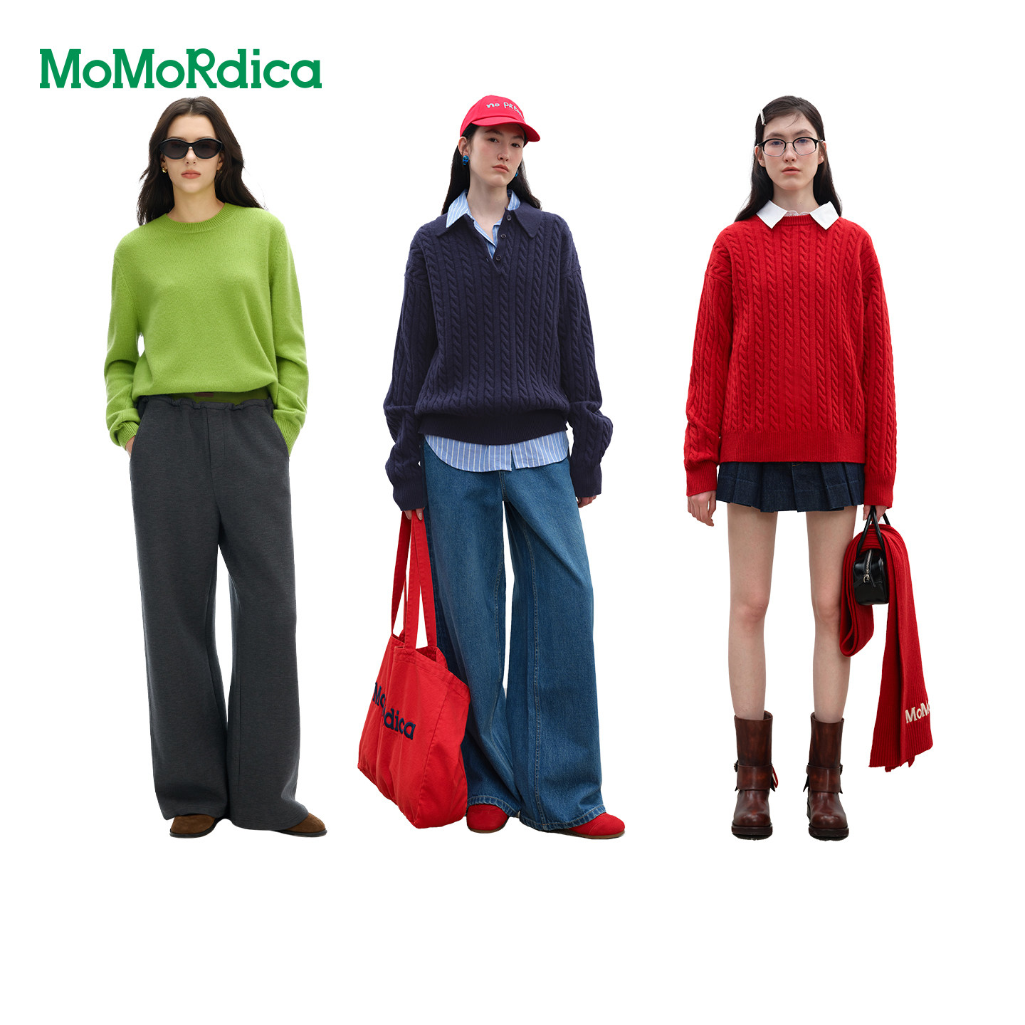 Momordica长袖圆领套头毛衣冬季新款绣花宽松休闲时尚保暖针