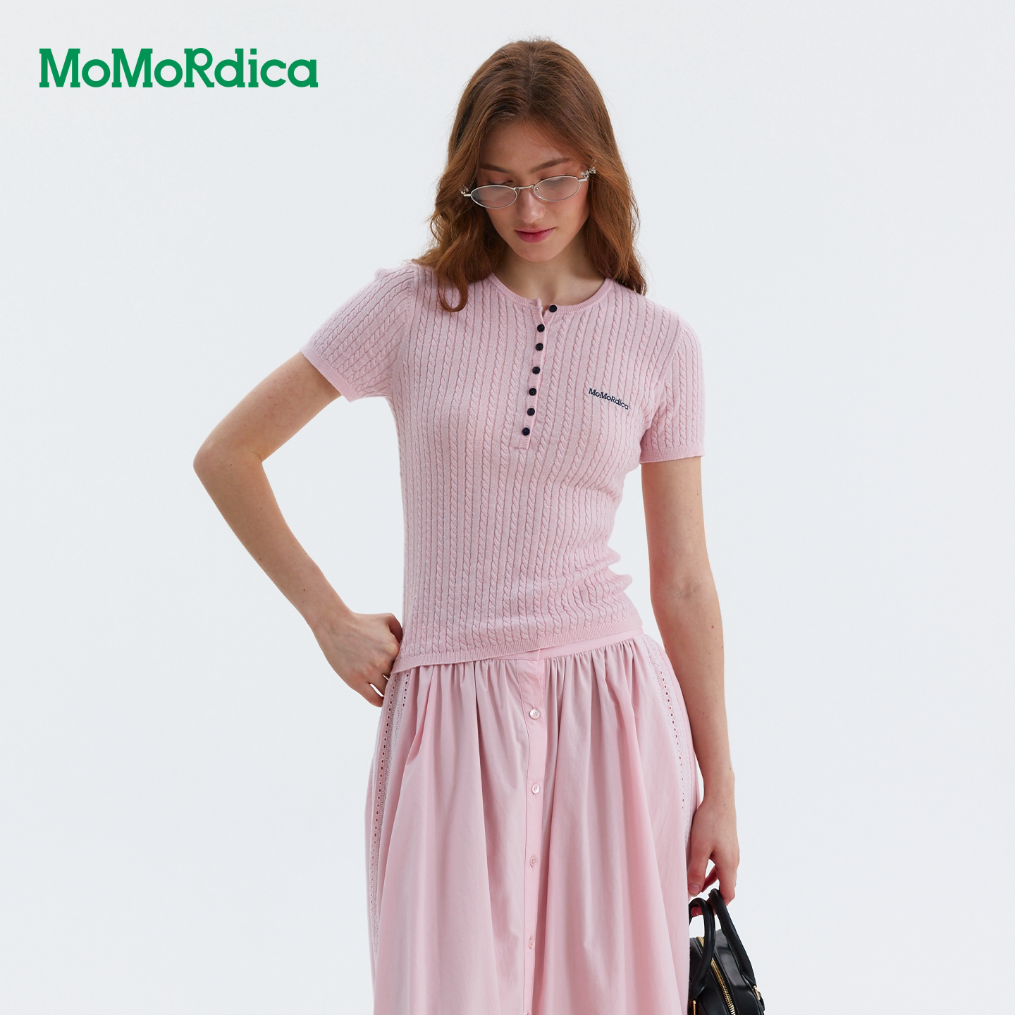 Momordica 亨利领短袖针织衫女夏季新款日常简约修身百搭短款上衣