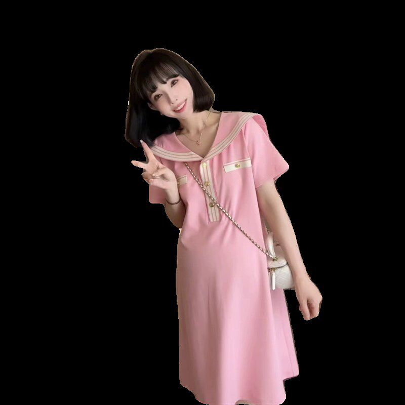 孕妇夏装连衣裙海军领高腰短袖显瘦小个子设计感冰丝针织裙子女装