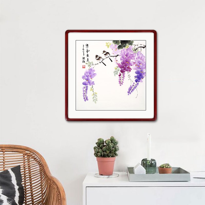纯手绘国画斗方花鸟画餐厅装饰画荷花梅花紫藤实木画框客厅挂画