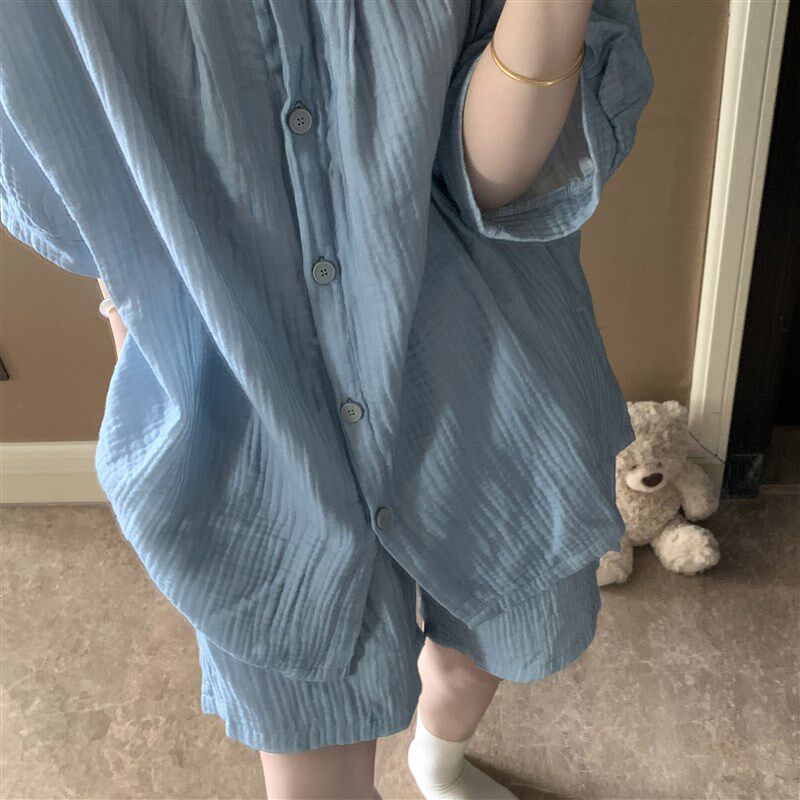 大码简约纯色棉纱睡衣女夏季2025新款短袖短裤双层棉纱家居服套装