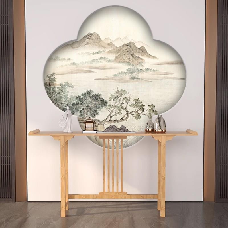新中式圆形装饰画入户玄关走廊山水画壁画梅花型形状画芯壁纸壁纸