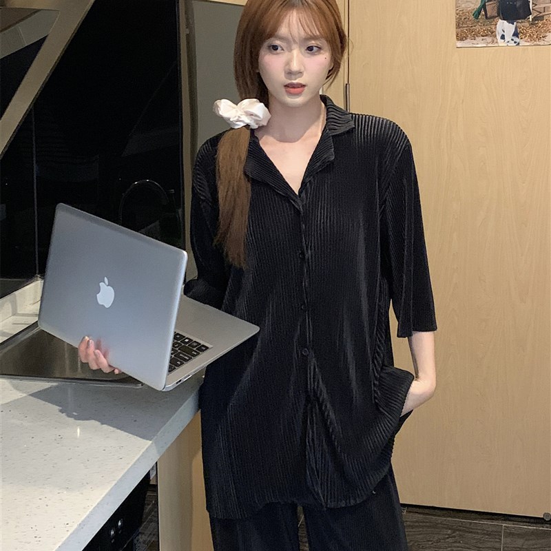 高级感冰丝睡衣套装女款春夏2025新款大码简约黑色垂感家居服春季