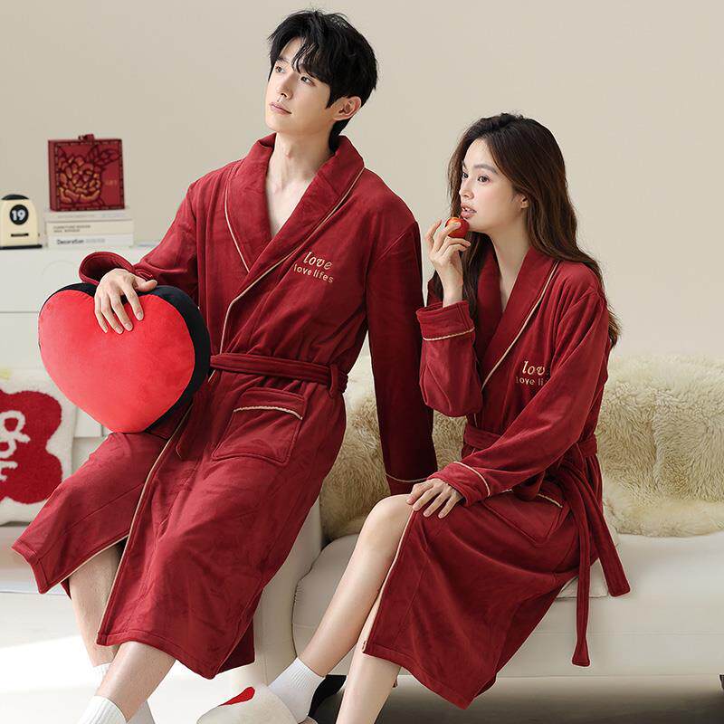 结婚情侣睡衣睡袍女春秋款海岛绒加绒浴袍红色本命年男士婚庆晨袍