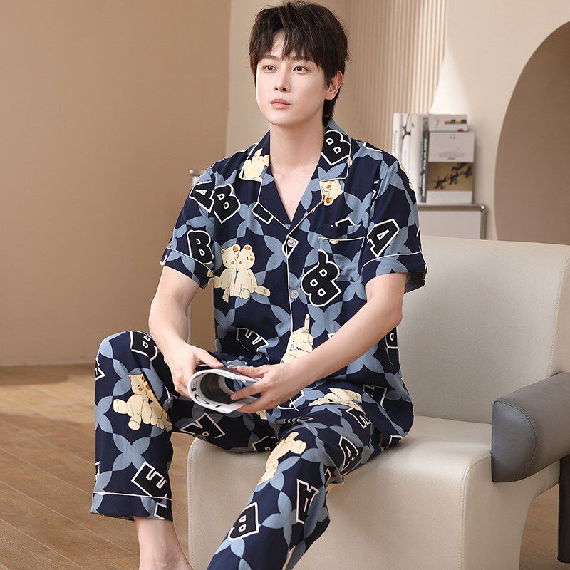 夏季男士短袖开衫韩版长裤棉绸睡衣套装人造棉时尚帅气舒适家居服