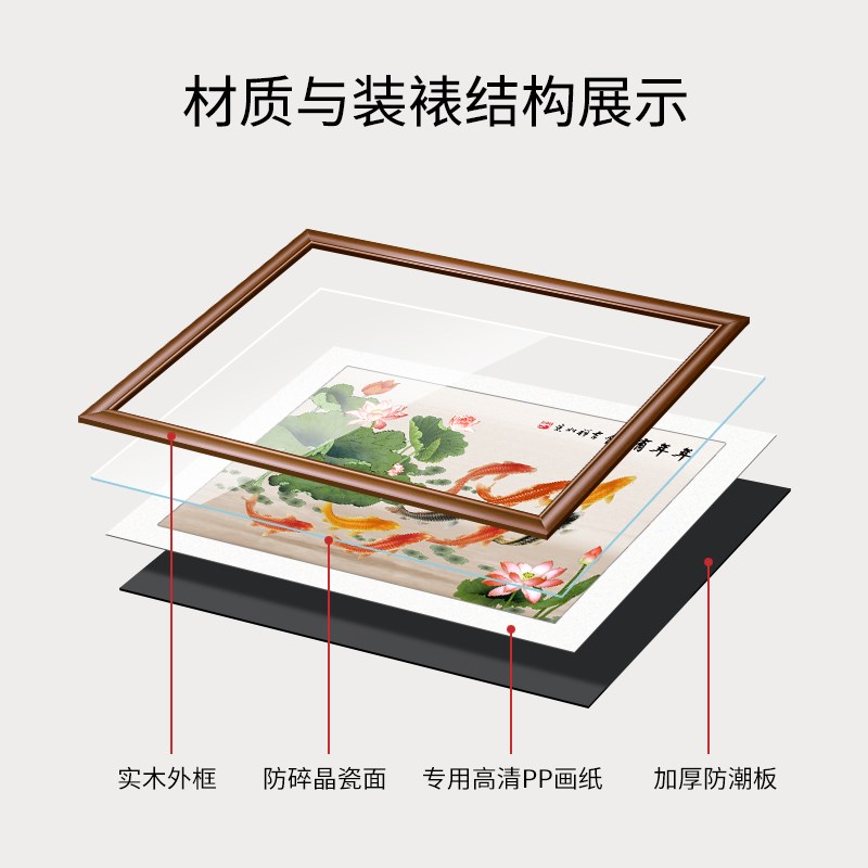 荷花九鱼图挂画客厅墙柜背景画鲤鱼图装饰画玄关壁画餐厅饭厅单幅