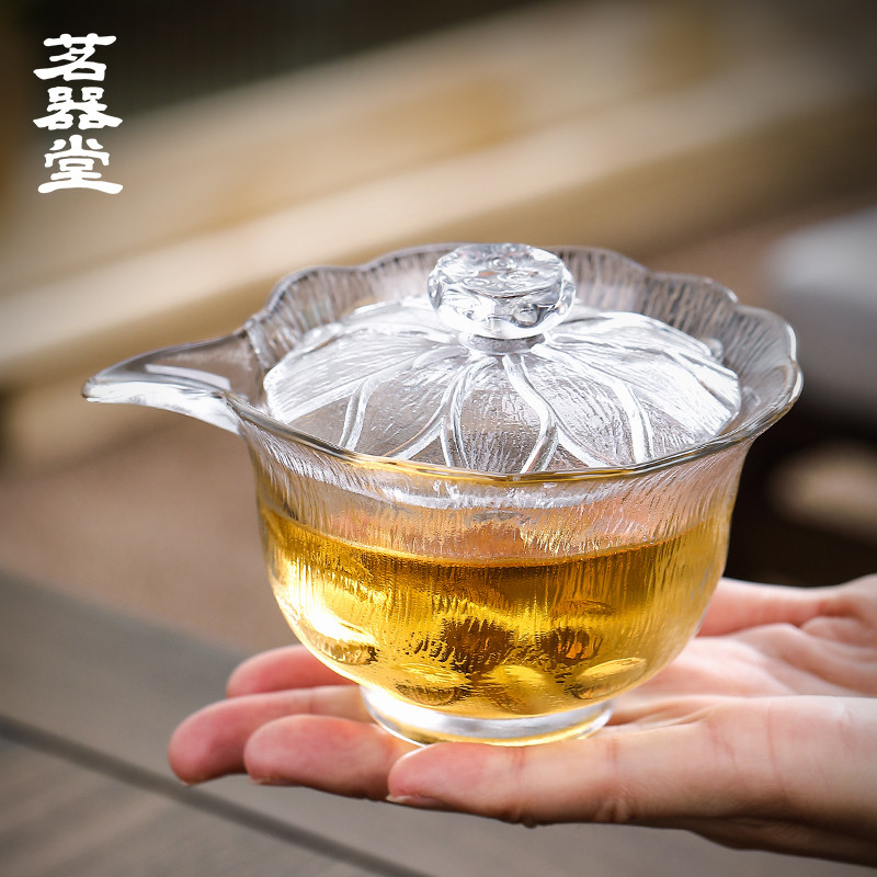 茗器堂玻璃盖碗茶杯单个带盖泡茶功夫茶具家用大号茶盏不烫手抓壶