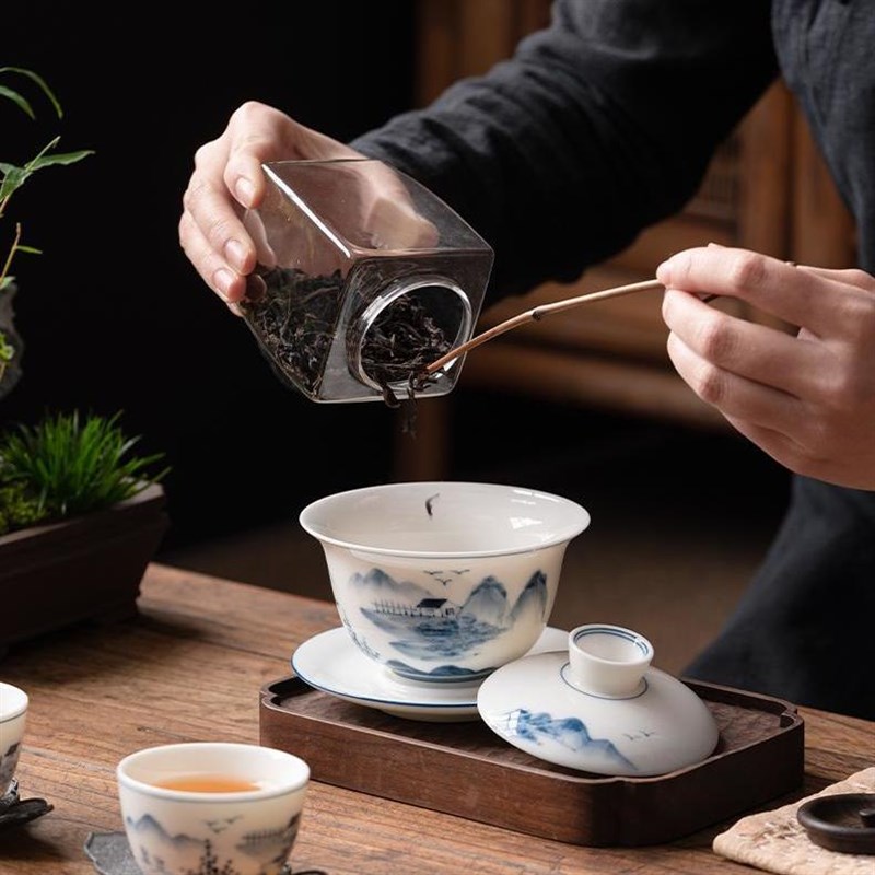 羊脂玉瓷手绘三才盖碗单个悬停敬茶杯青花功夫茶具盖子悬浮泡茶碗