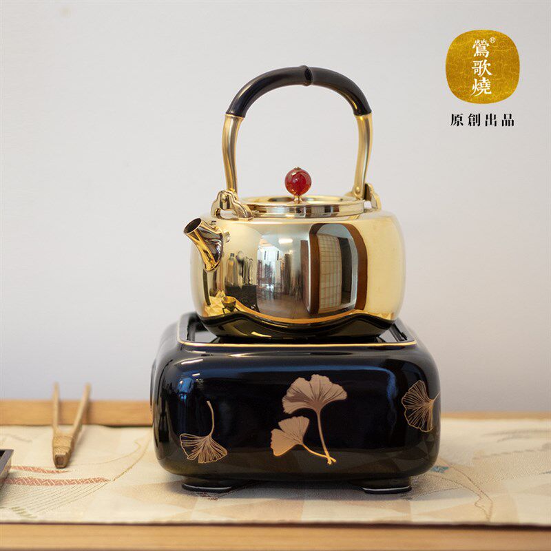莺歌烧四方黑地银杏黑晶炉 精致茶道煮茶炉银壶适用不挑壶带遥控