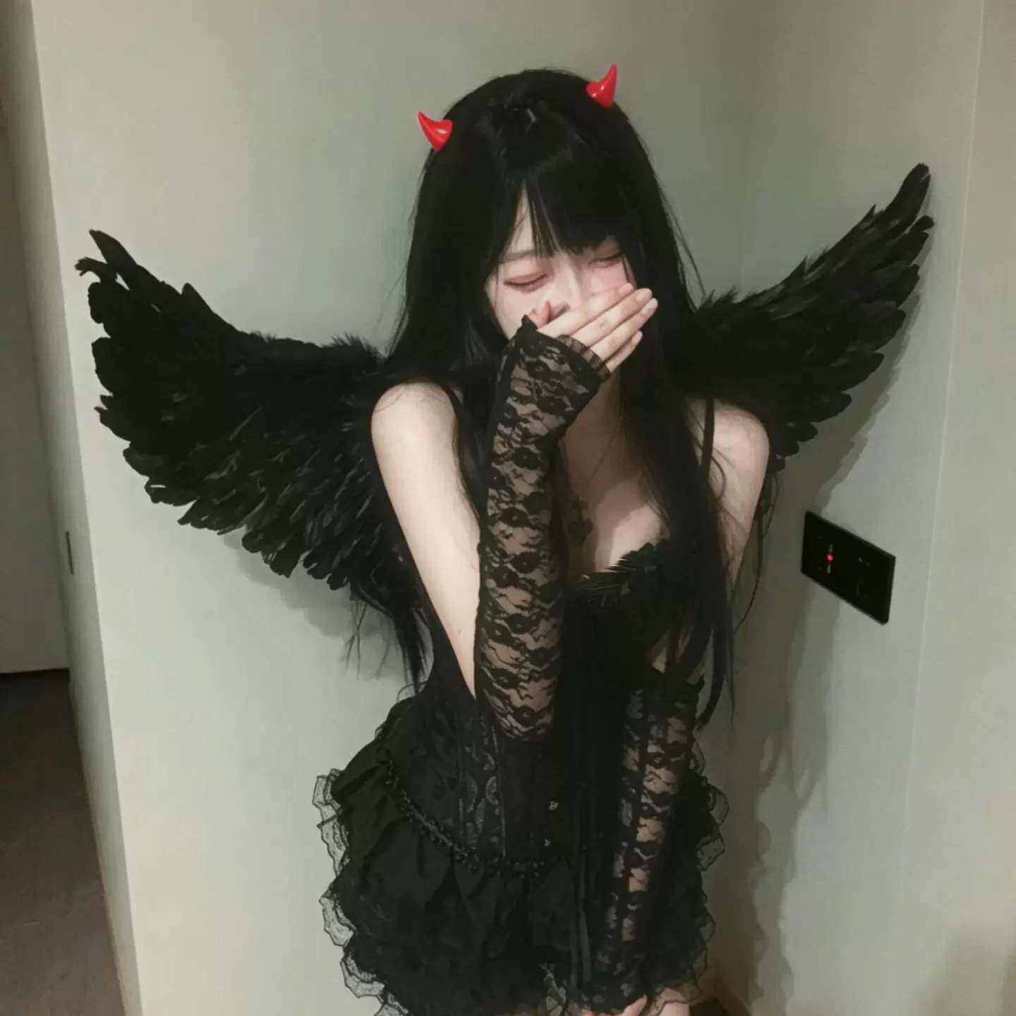 恶魔翅膀套装哥特蕾丝暗黑项圈cos服天使恶魔衣服服装万圣节穿搭