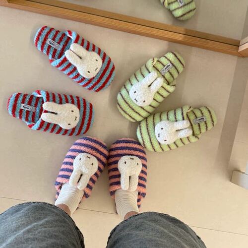 可爱卡通正版米菲兔棉拖鞋女秋冬新款居家平底防滑包头毛毛拖鞋潮