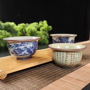 青花压手杯九桃五福图青花瓷茶杯主人杯仿古缸杯陶瓷大杯开片茶碗