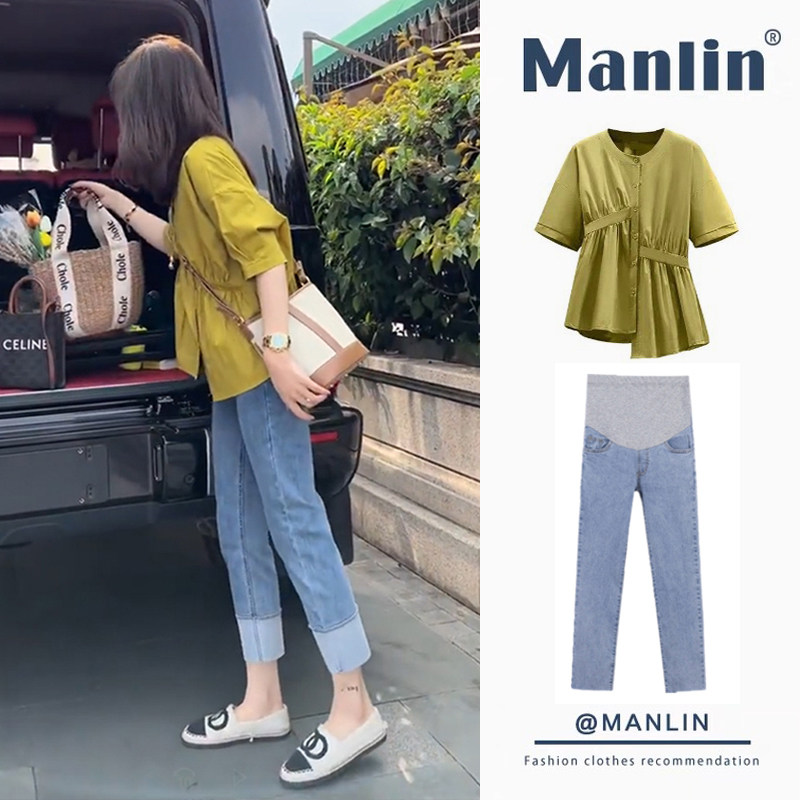 新品孕妇夏装套装2025新款时尚春夏F季短袖娃娃衬衫上衣外出两件