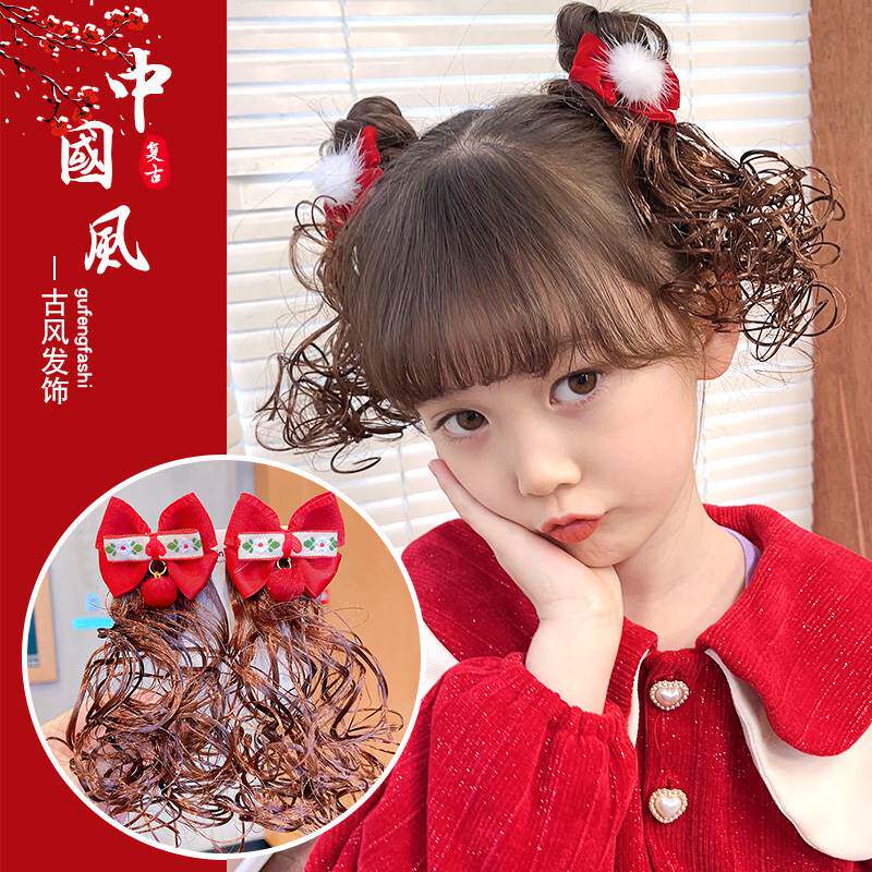 极速儿童红色假发辫子p发夹可爱宝宝蝴蝶结发卡新年头饰小女孩过
