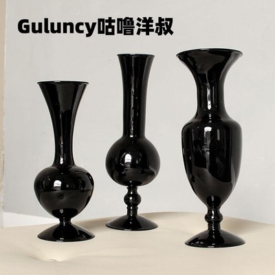 小花瓶玻璃摆件景德镇玻璃桌面装饰D干花花束客厅中式插花复古黑