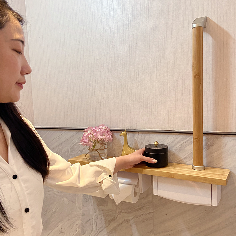 极速日式带扶手纸巾架盒卫生间厕所壁挂墙楠竹R实木收纳盒置物架
