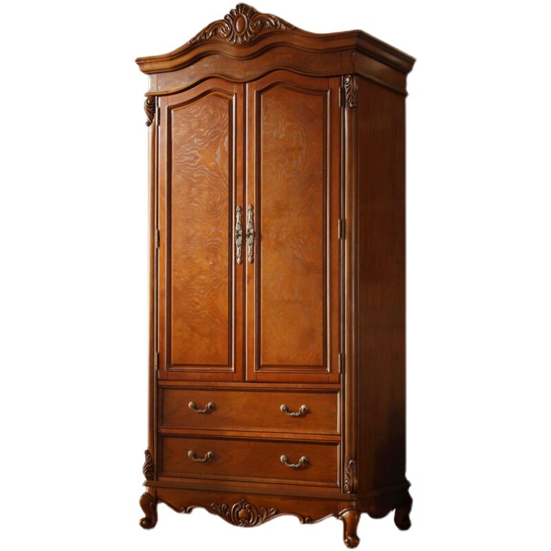 极速美式实木两门衣柜卧室家具衣服收G纳柜子 家用欧式复古雕花大