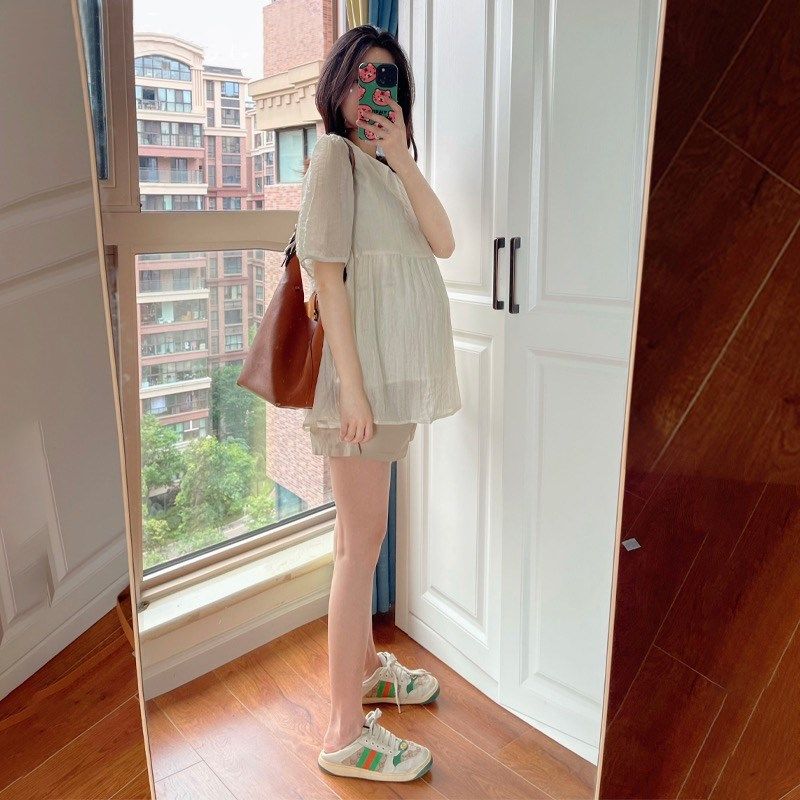新品孕妇夏装套装2025新款x时尚雪纺娃娃衫短袖上衣夏季小个子女