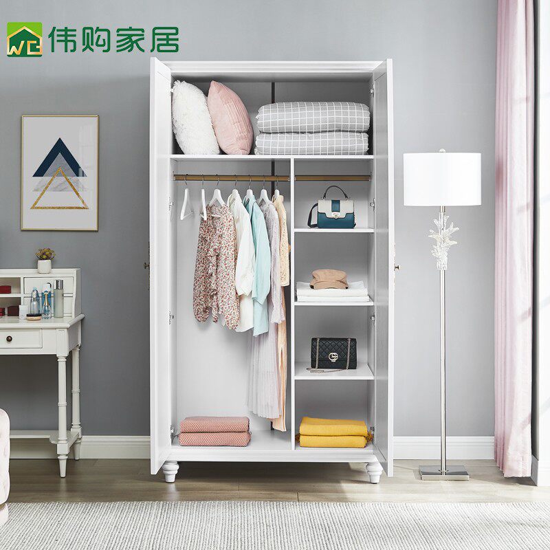 极速白色衣柜双门简约美式u小户型经济型小衣柜挂衣橱两门实木儿