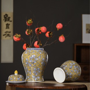 陶瓷彩绘花瓶将军罐储物罐花瓶摆件书画缸家居民宿客厅插花摆件花