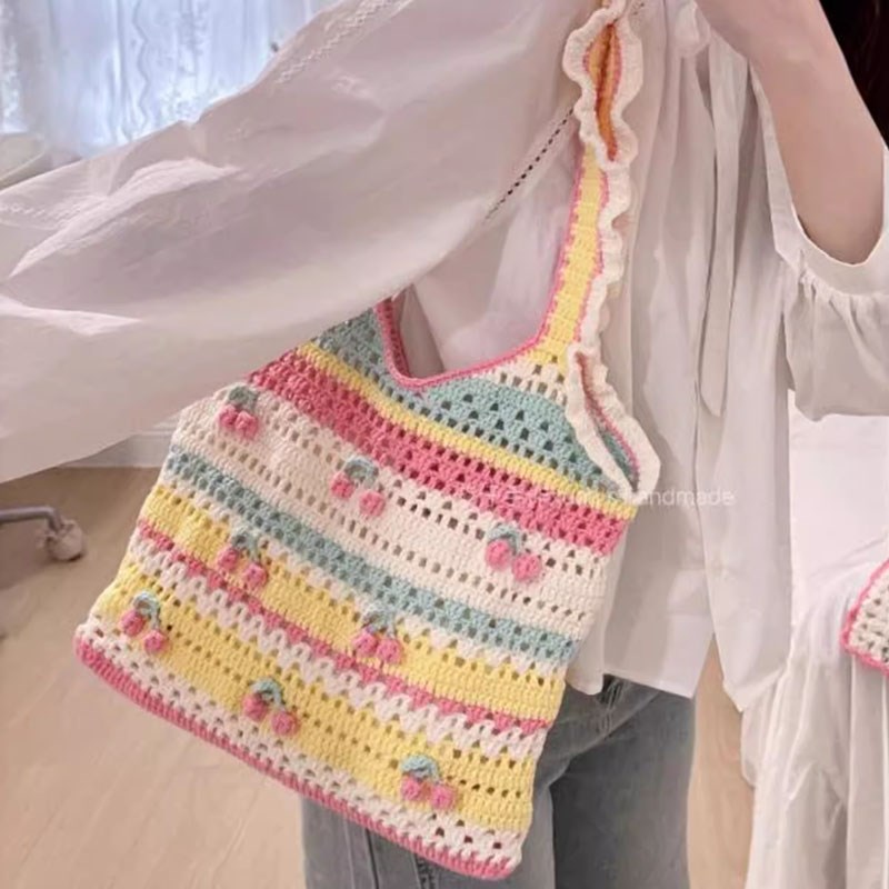 极速自制a樱桃托特包三角头巾钩针编织手工diy材料头巾少女闺蜜礼