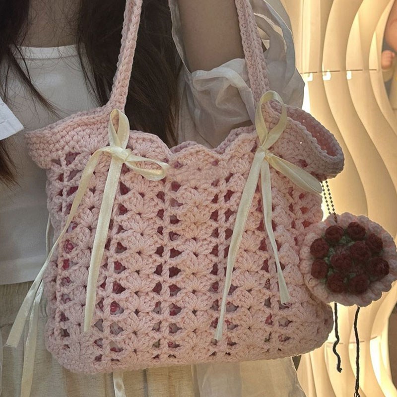 极速手工自制钩针钩织夏日碎花花z嫁镂空包小圆纱单肩包编织diy材