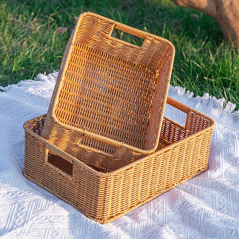 极速桌面零食化妆品收纳储物筐仿藤编F茶几收纳筐客厅电视柜抽屉