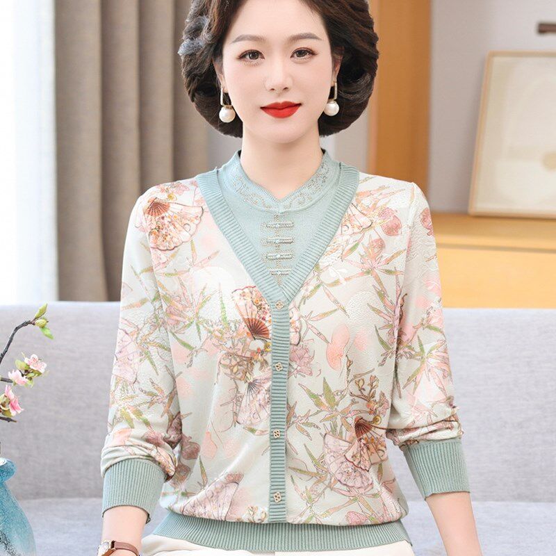 新品妈妈装假两件T恤上衣春秋长袖针织纯棉N打底衫中老年女宽松两