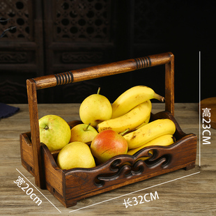 极速实木手提篮家用买菜菜篮复古水果篮送礼户外茶具提Z篮中秋月