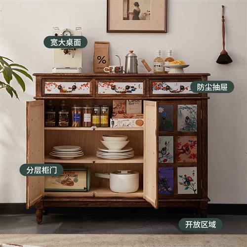 极速美式实木餐边柜客厅收纳柜现代玄关家K用小户型藤编储物碗盘