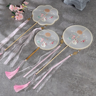 极速新款兔年上元节元宵兔子团扇刺绣月兔流苏长杆U复古汉服圆形