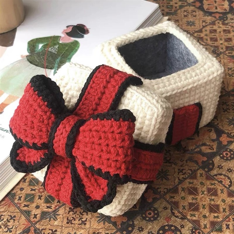 极速毛线钩针蝴蝶结小礼盒编织diy材料包手工编织V精致小配饰收纳