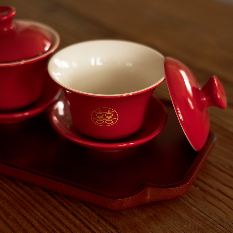 极速结婚敬茶杯套装改口茶具一对红色红碗结婚喜碗筷X杯子敬酒陪