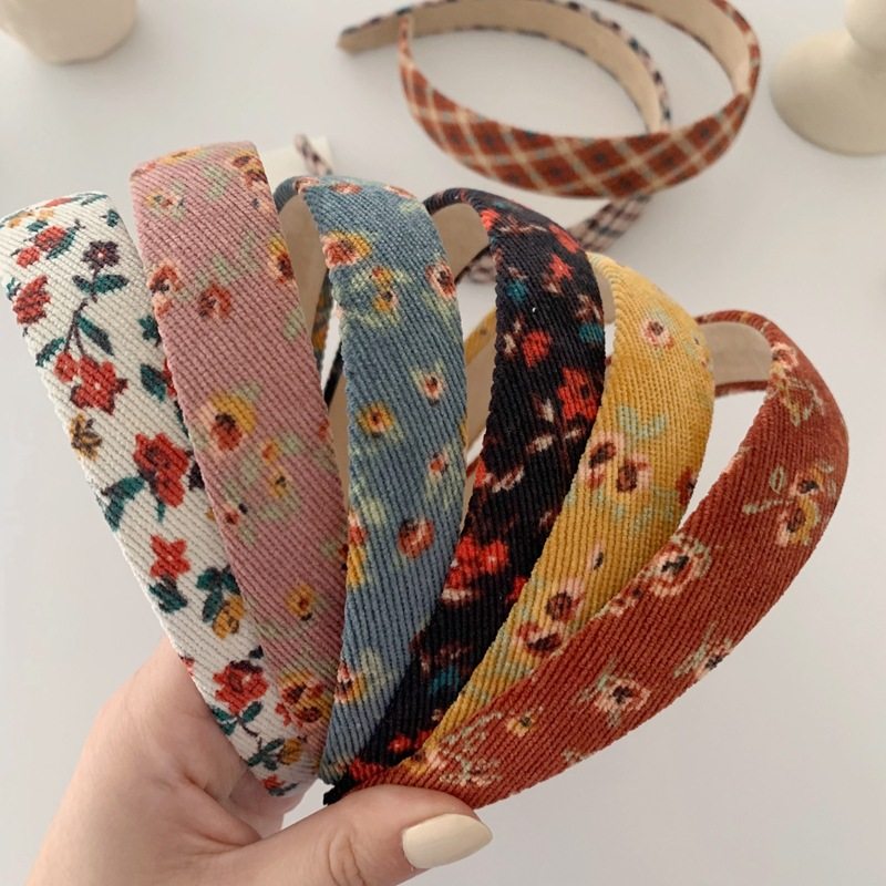 极速Vintage Plaid Florral Corduroy Headbands Flower Fall Hai