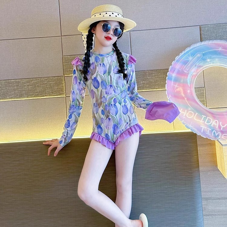 女童游泳衣2025新款长袖防晒儿童泳装公主风荷叶边中大童温泉泳衣