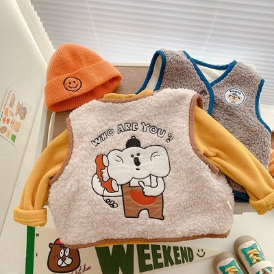 儿童羊羔绒马甲秋冬外穿女宝宝刺绣卡通保暖背R心上衣男童韩版坎