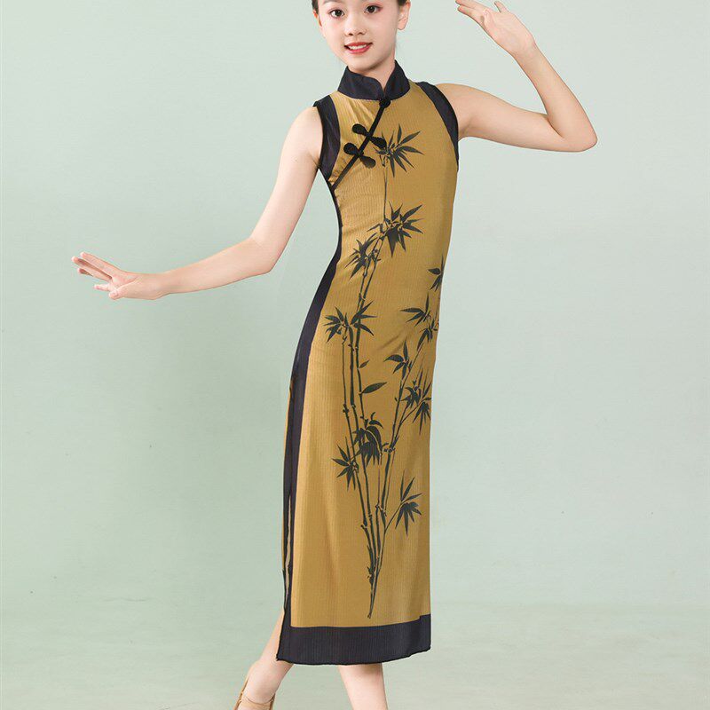 新款女童古典舞旗袍舞蹈服中国风儿童扇子舞练功服V修身旗袍演出