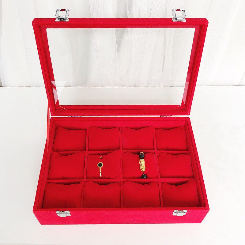 简约透明玻璃带盖手表收纳盒子手镯展示架家用大号U海绵小枕头托